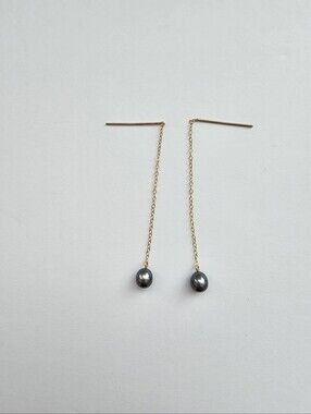 JCM 14K Yellow Gold Black Pearl Threader Earrings – Fine Minimalist Dangle Drop